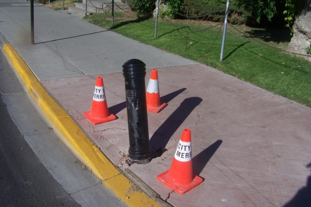 This pollard kept some one off he sidewalk in August.