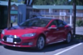 A Tesla S, 85 charges up at Merritt, with an adapter to a DC 500 Volt 120 amp Quick charger, Aug /14 Photo KDG