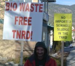 A demonstrator outside the public meeting for the information of waste dumping in the Sunshine valley Photo KDG