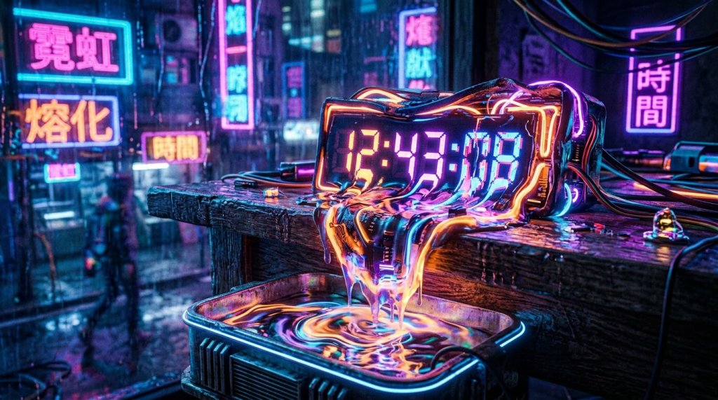Digital clock melting over wooden table with neon lighting