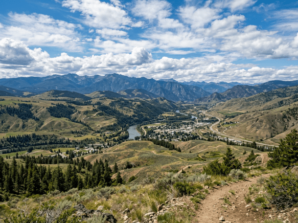 River winding through a mountain valley with a town and surrounding hills under partly cloudy sky